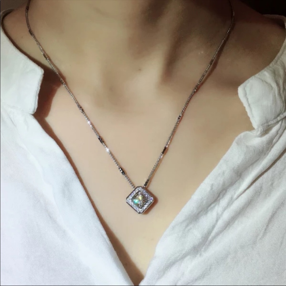 Square Cut 925 Silver Diamond Necklace New - Picture 4 of 4